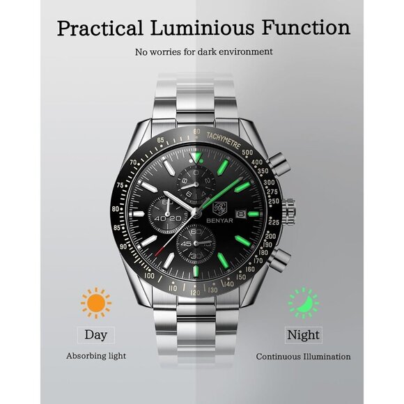 BY BENYAR Men's Silver Analog Quartz Chronograph Watch 30M Waterproof Luminous - Picture 5 of 8